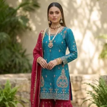 Blue silk blend embroidered palazzo set stitched
