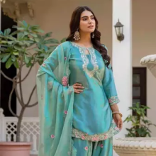 Sky blue satin embroidered farshi salwar set stitched