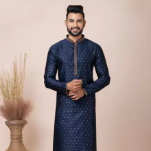 Blue solid jacquard kurta set for men