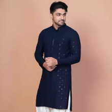 Navy blue cotton blend kurta patiala set for men with embroidery work